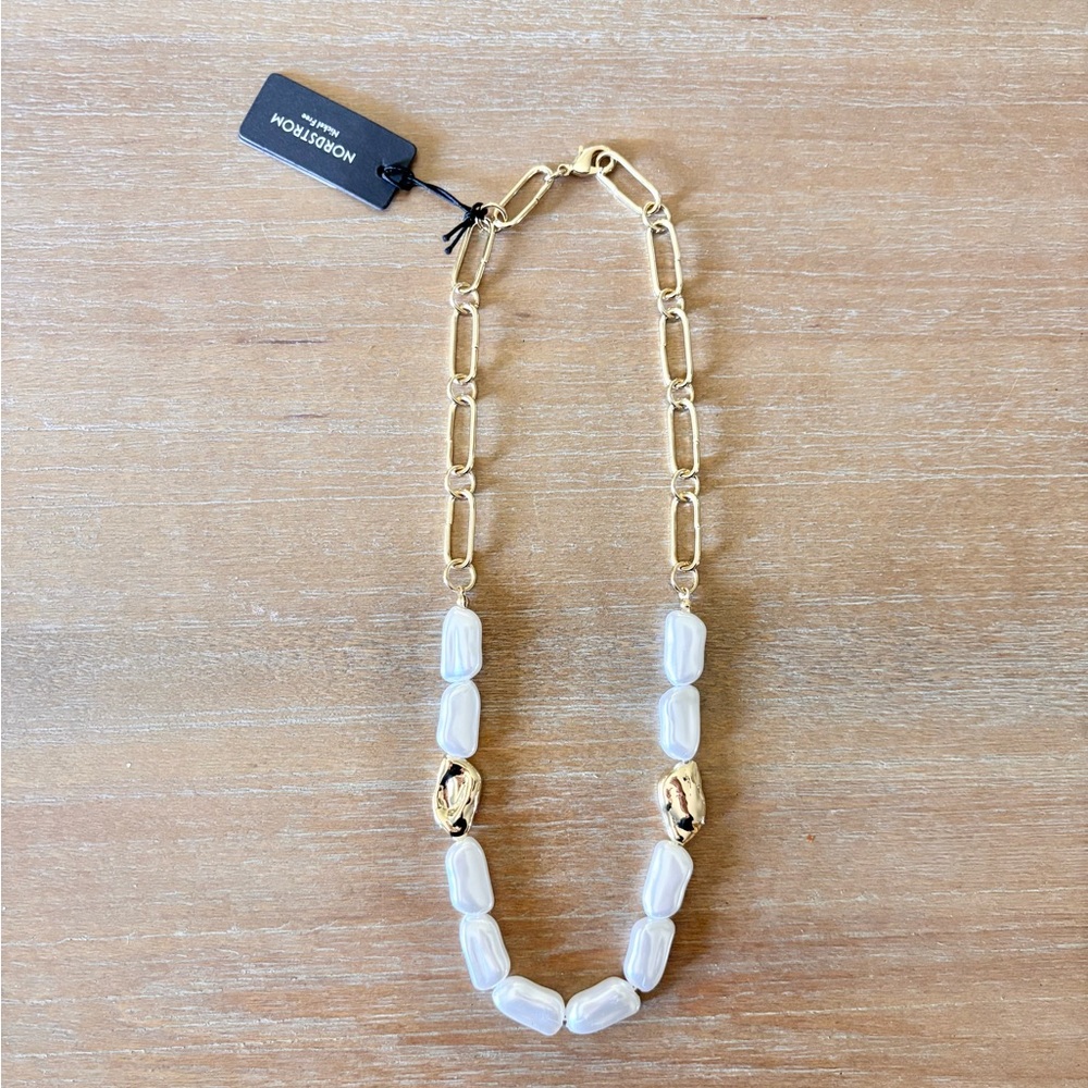 Nordstrom Gold-tone Paperclip Chain Necklace White Faux Pearls, NWT
